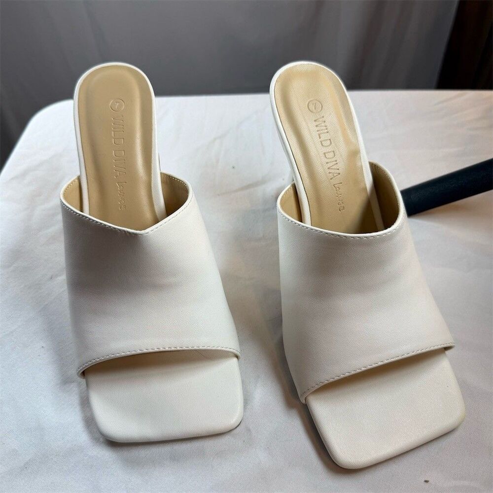 Wild Diva Lounge Women's Mule Heels White Square Toe Slip On Size 7